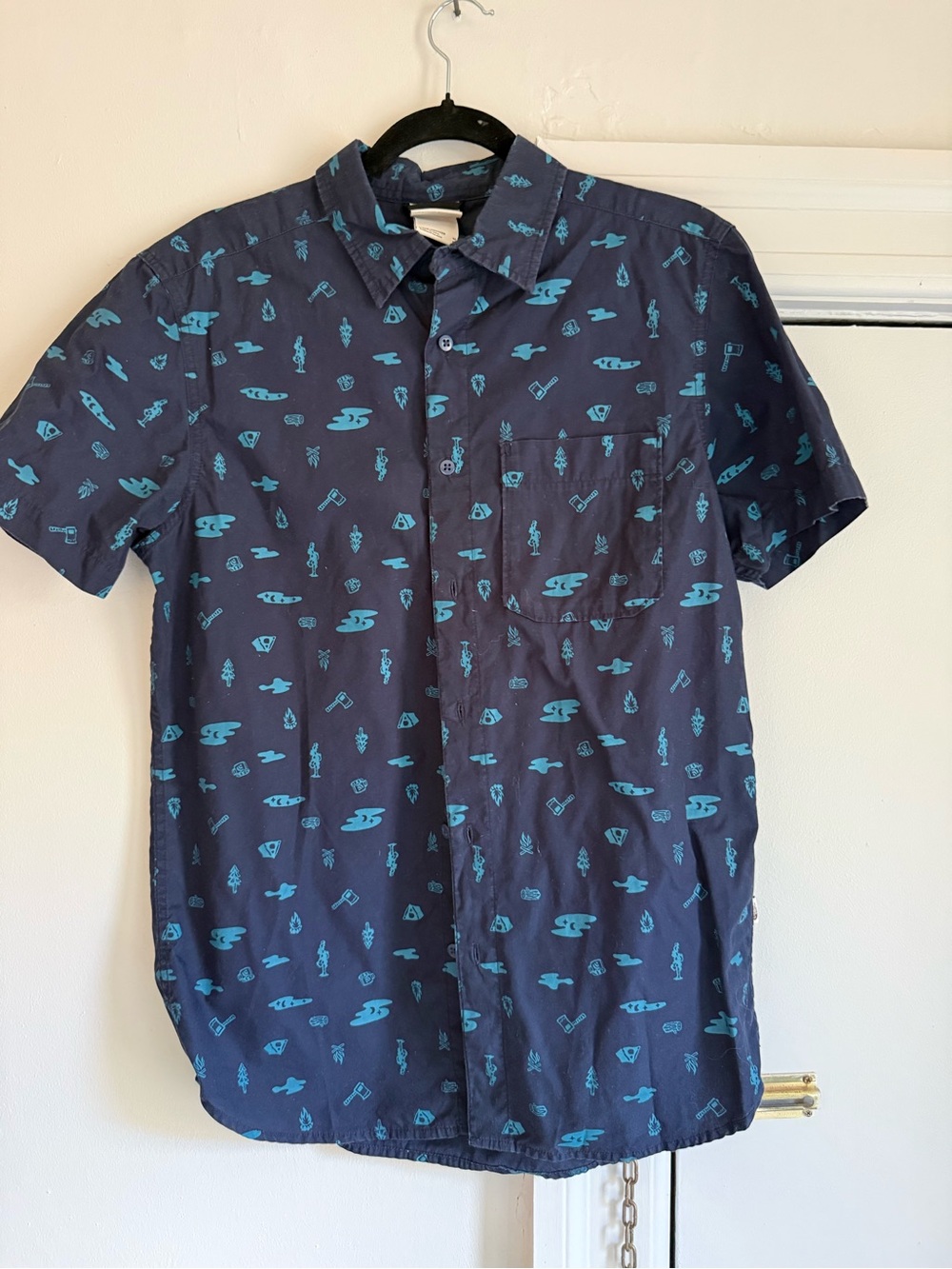 The North Face Navy Short-Sleeve Button-Up with Teal Graphic Print